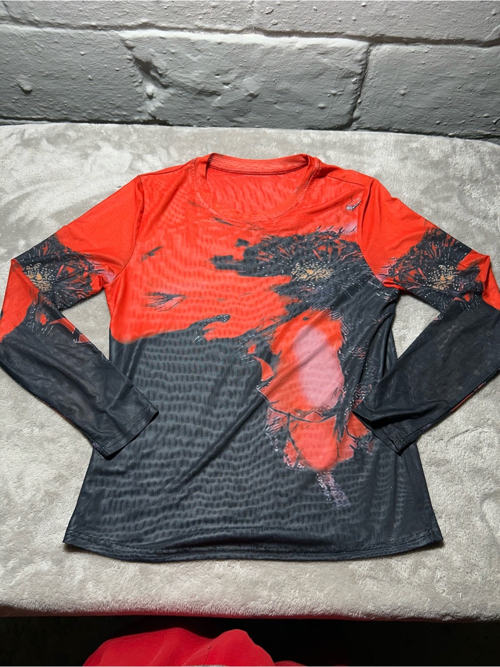 Abstract Graphic Sheer Mesh Long Sleeve Top Red Orange Black Size Large Y2K
